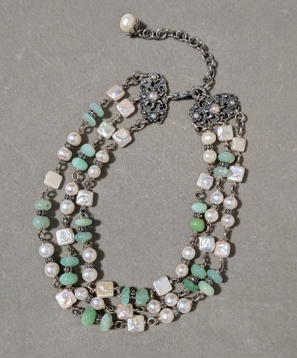 Signed Alana Leigh 3-Strand Pearl & Green Gemstone Choker Necklace Vintage